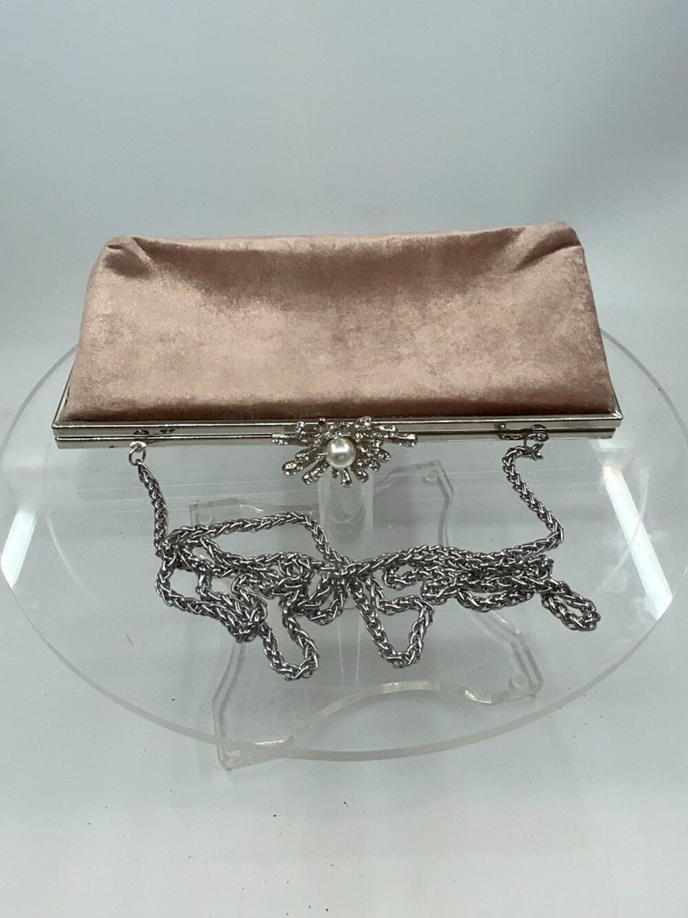 Blush Velvet Evening Clutch Bag with Rhinestone Pearl Clasp & Chain Strap